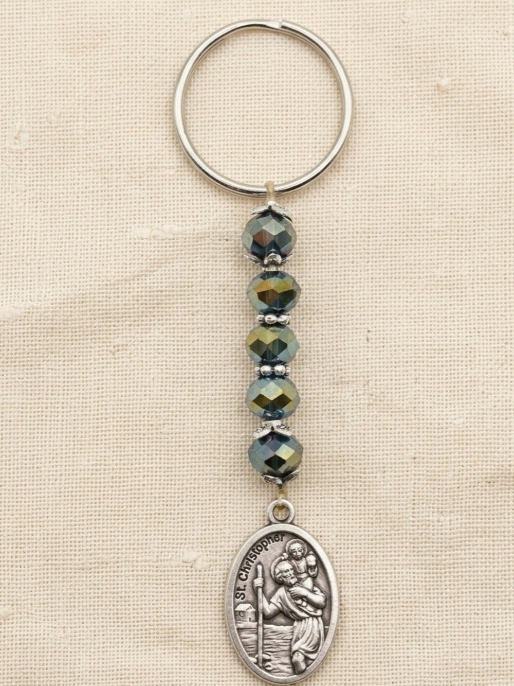 Iridescent Green Beaded St. Christopher Keychain